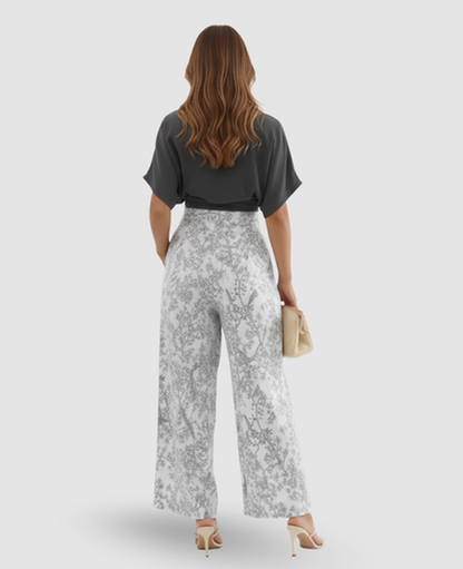 Floral Bird-Print Two-Piece Set Women – Cropped Wrap Top & Wide-Leg Trousers, Summer Elegant Chic