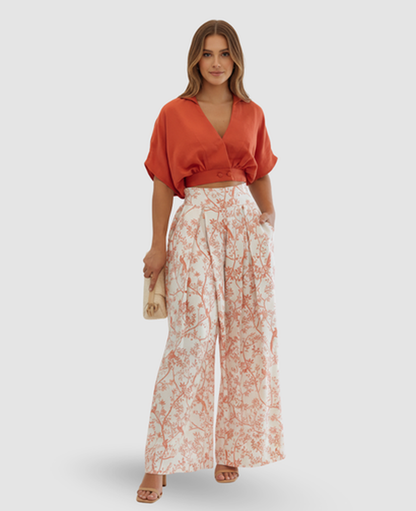 Floral Bird-Print Two-Piece Set Women – Cropped Wrap Top & Wide-Leg Trousers, Summer Elegant Chic