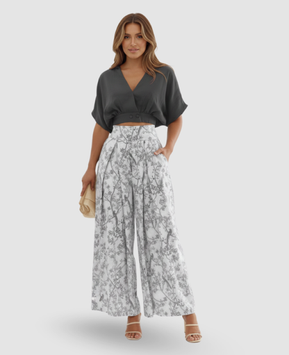 Floral Bird-Print Two-Piece Set Women – Cropped Wrap Top & Wide-Leg Trousers, Summer Elegant Chic