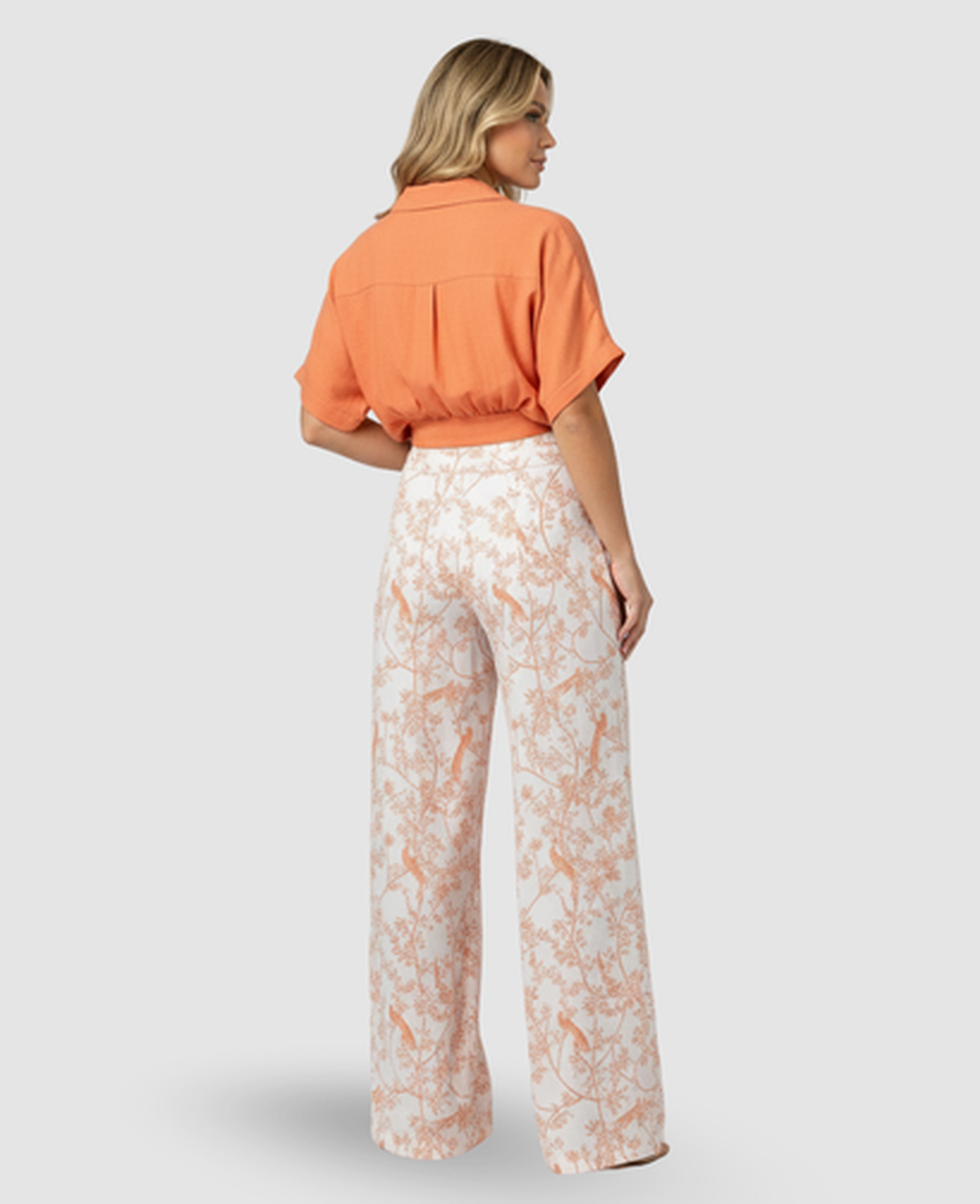 Floral Bird-Print Two-Piece Set Women – Cropped Wrap Top & Wide-Leg Trousers, Summer Elegant Chic