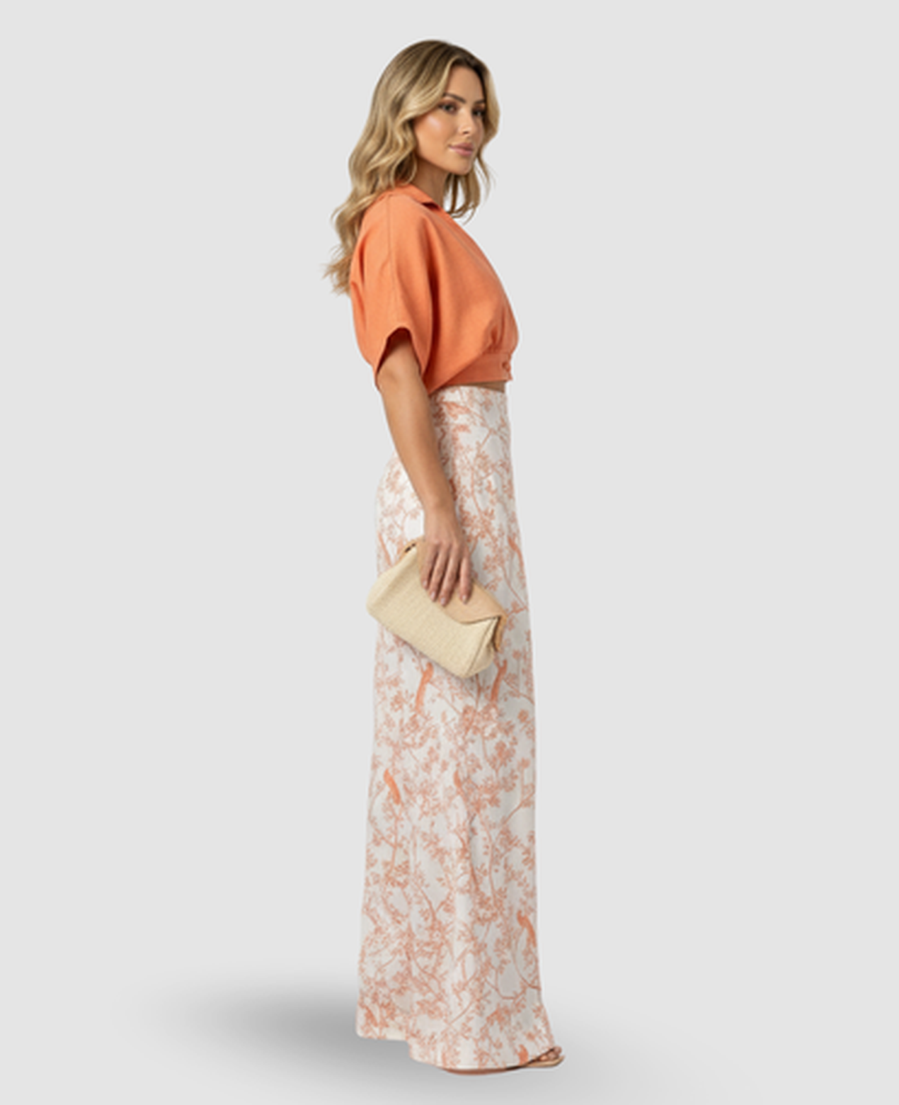 Floral Bird-Print Two-Piece Set Women – Cropped Wrap Top & Wide-Leg Trousers, Summer Elegant Chic