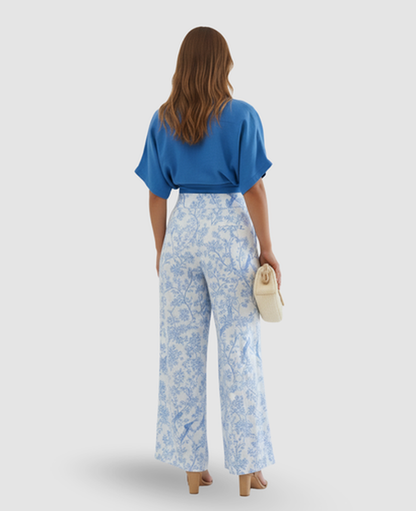 Floral Bird-Print Two-Piece Set Women – Cropped Wrap Top & Wide-Leg Trousers, Summer Elegant Chic