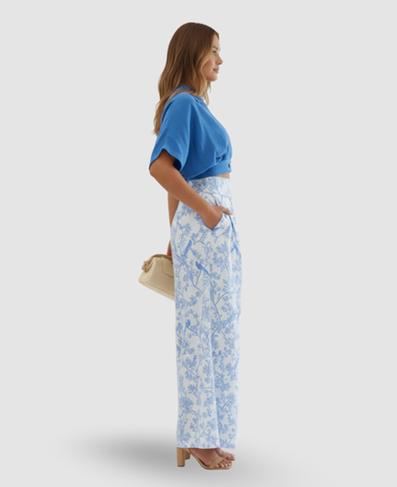 Floral Bird-Print Two-Piece Set Women – Cropped Wrap Top & Wide-Leg Trousers, Summer Elegant Chic
