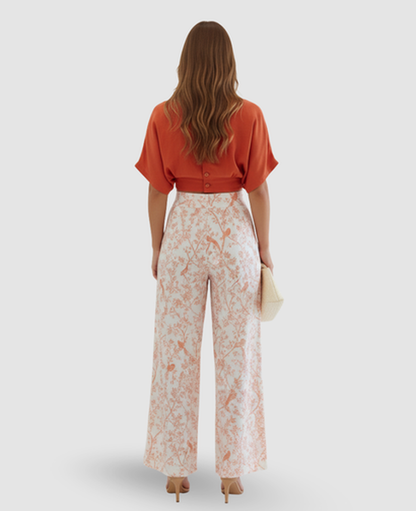 Floral Bird-Print Two-Piece Set Women – Cropped Wrap Top & Wide-Leg Trousers, Summer Elegant Chic