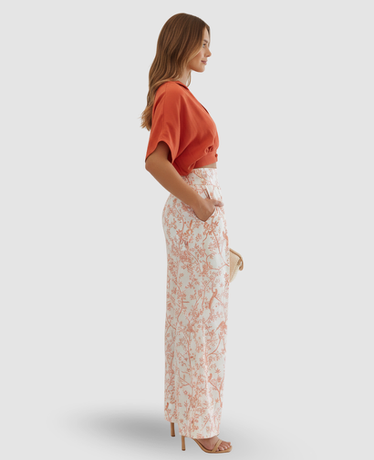 Floral Bird-Print Two-Piece Set Women – Cropped Wrap Top & Wide-Leg Trousers, Summer Elegant Chic