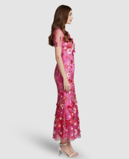 Floral Embroidered Evening Gown Women – Mermaid Silhouette & Sheer Sleeves, Formal Gala Elegant