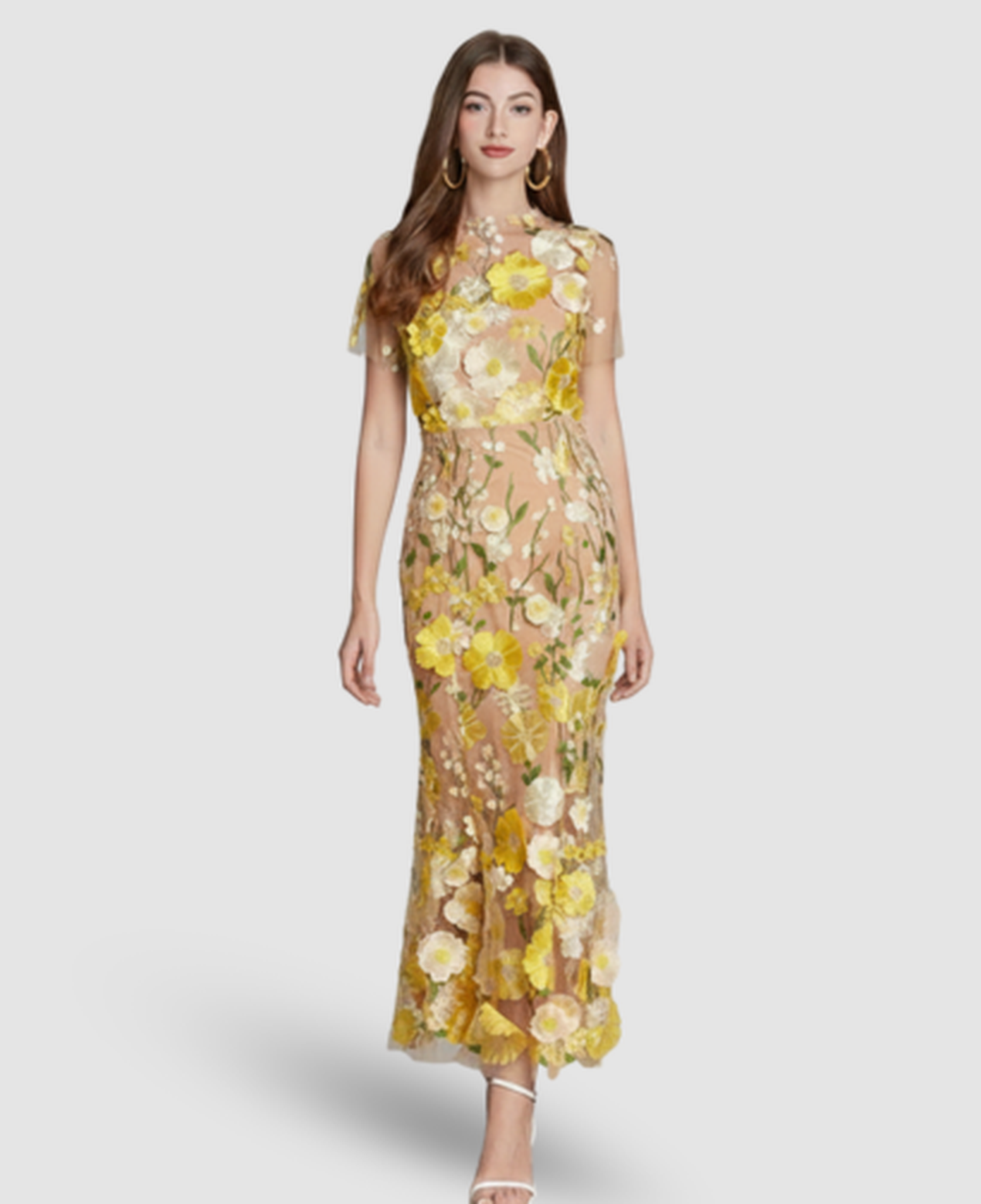 Floral Embroidered Evening Gown Women – Mermaid Silhouette & Sheer Sleeves, Formal Gala Elegant
