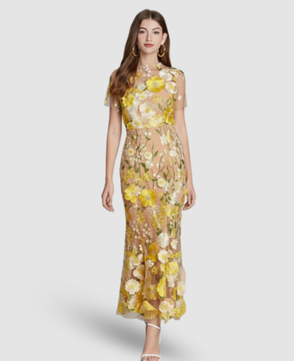 Floral Embroidered Evening Gown Women – Mermaid Silhouette & Sheer Sleeves, Formal Gala Elegant