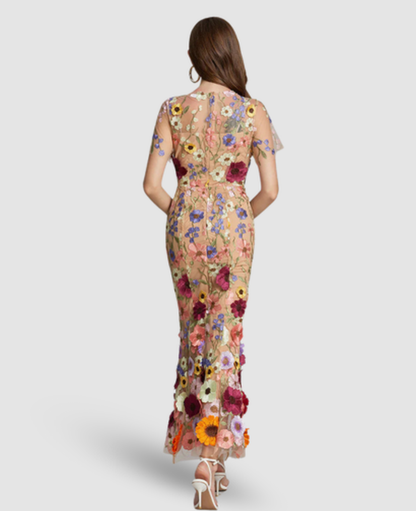 Floral Embroidered Evening Gown Women – Mermaid Silhouette & Sheer Sleeves, Formal Gala Elegant