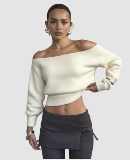Asymmetric Bare-Shoulder Sweater Women – Cropped Fitted Knit & Off-Shoulder Neckline, Chic Casual Elevated