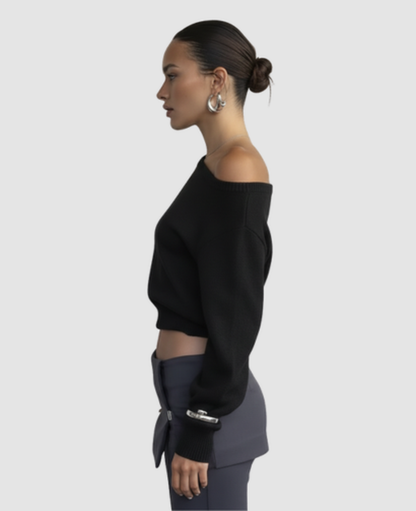 Asymmetric Bare-Shoulder Sweater Women – Cropped Fitted Knit & Off-Shoulder Neckline, Chic Casual Elevated