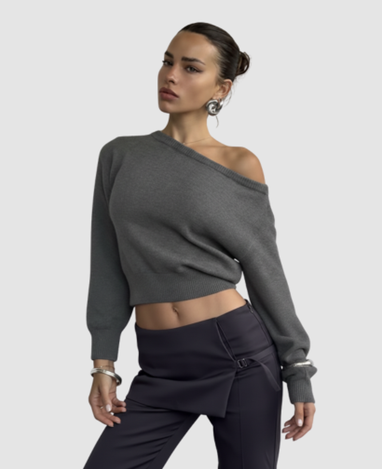 Asymmetric Bare-Shoulder Sweater Women – Cropped Fitted Knit & Off-Shoulder Neckline, Chic Casual Elevated