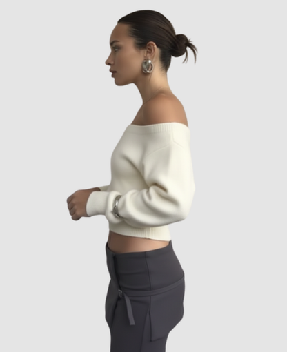 Asymmetric Bare-Shoulder Sweater Women – Cropped Fitted Knit & Off-Shoulder Neckline, Chic Casual Elevated