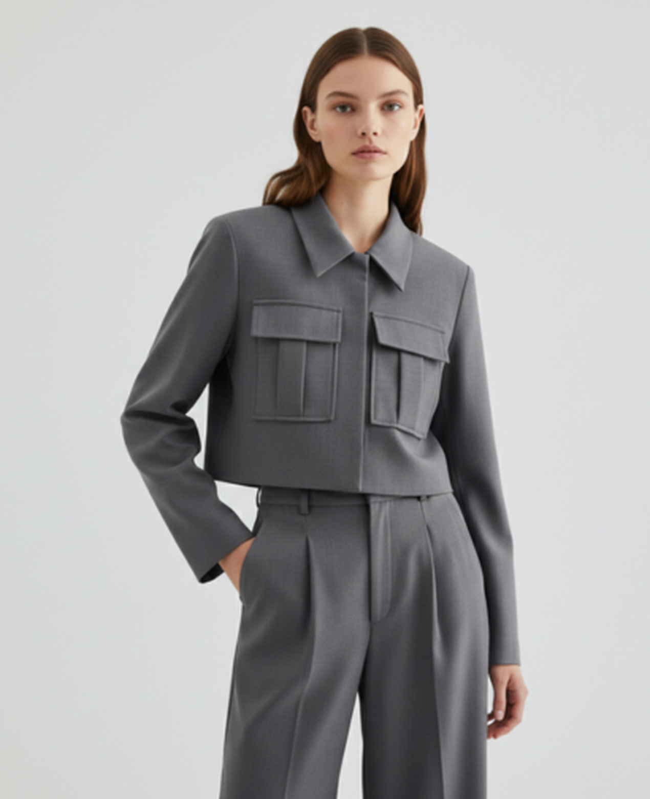 Cargo Two-Piece Set Women – Cropped Jacket & Pleated Wide-Leg Trousers, City Chic Utility