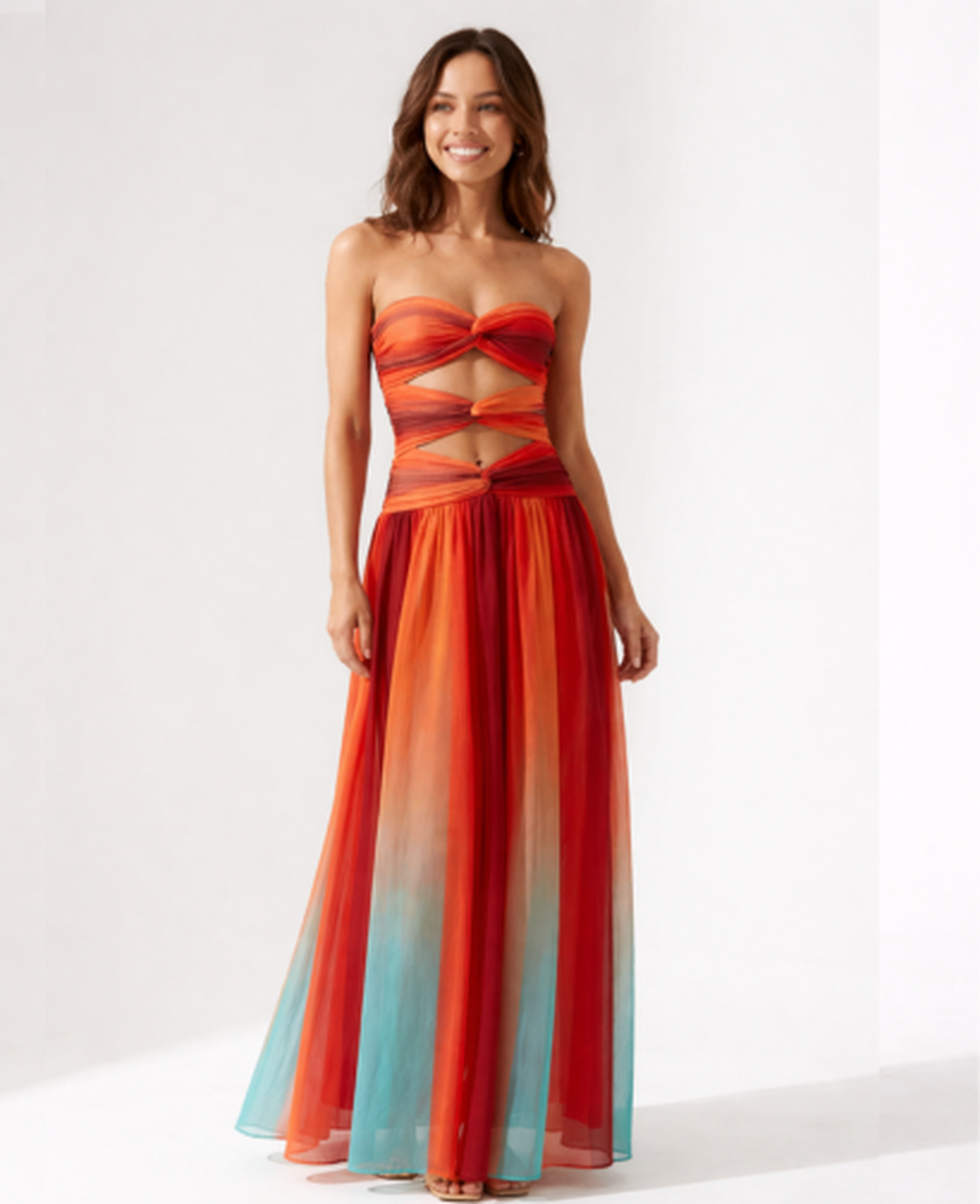 Strapless Maxi Dress Women – Draped Bodice & Waist Cut-Out, Summer Wedding Guest Evening