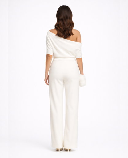 One-Shoulder Wide-Leg Jumpsuit Women – Asymmetric Neckline & Defined Waist, Wedding Guest Evening Elegant
