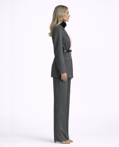 Tailored Two-Piece Blazer Set Women – Belted Two-Tone Jacket & Straight-Leg Trousers, Smart Office Chic