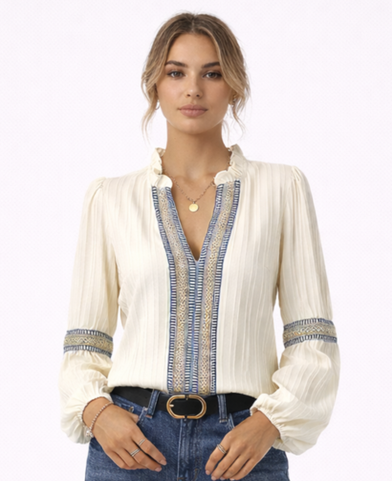 Embroidered Boho Blouse Women – Ruffle Collar & Puff Sleeves, Summer Festival Elegant