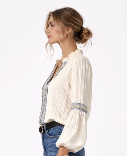 Embroidered Boho Blouse Women – Ruffle Collar & Puff Sleeves, Summer Festival Elegant