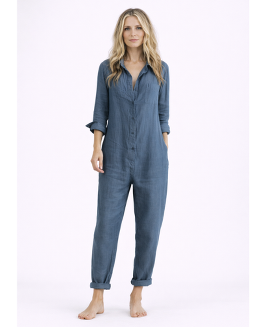 Linen Jumpsuit Women – Lightweight Button-Up & Shirt Collar, Casual Chic Summer