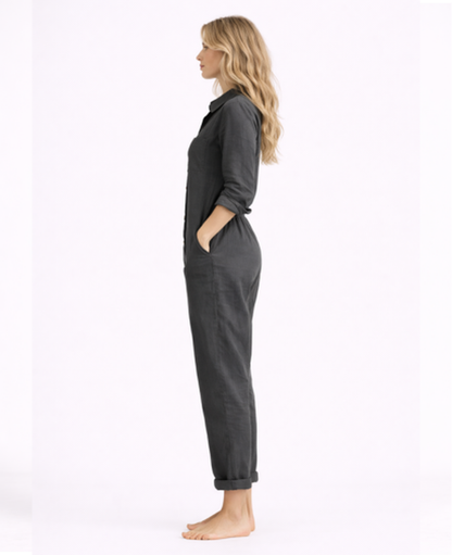 Linen Jumpsuit Women – Lightweight Button-Up & Shirt Collar, Casual Chic Summer