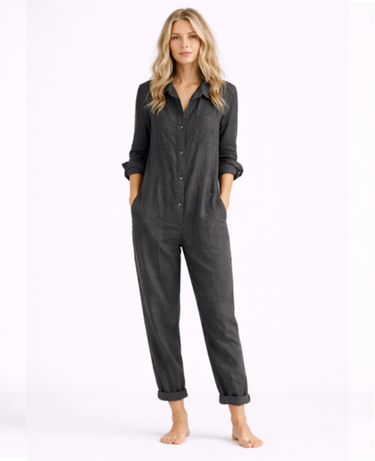 Linen Jumpsuit Women – Lightweight Button-Up & Shirt Collar, Casual Chic Summer