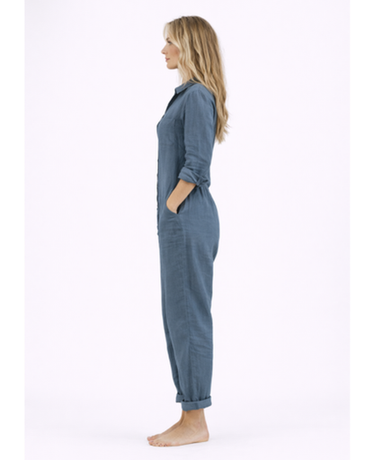 Linen Jumpsuit Women – Lightweight Button-Up & Shirt Collar, Casual Chic Summer