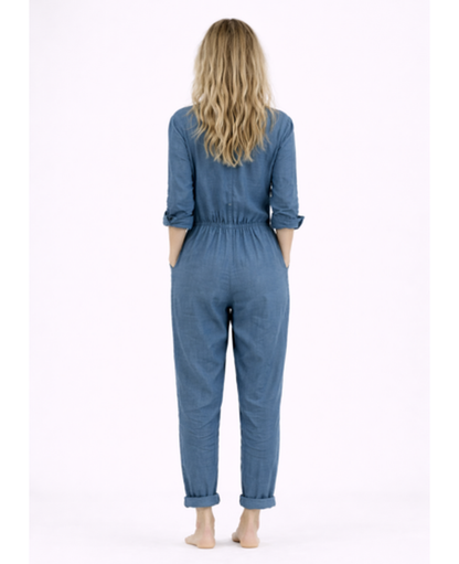 Linen Jumpsuit Women – Lightweight Button-Up & Shirt Collar, Casual Chic Summer