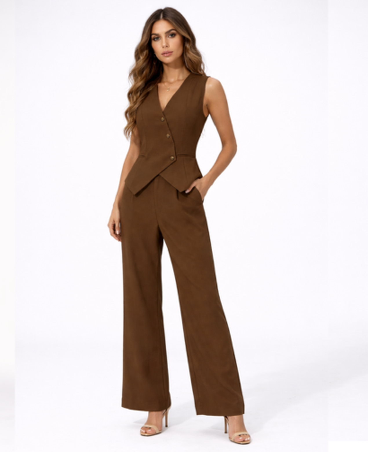 Two-Piece Waistcoat & Wide-Leg Trousers Set Women – Tailored Fit & Chic Co-Ord, Office Formal Occasion
