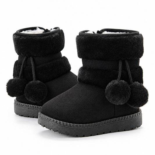 Black girls' snow boots pair, warm fleece-lined winter boots with non-slip rubber sole and side zip, studio shot