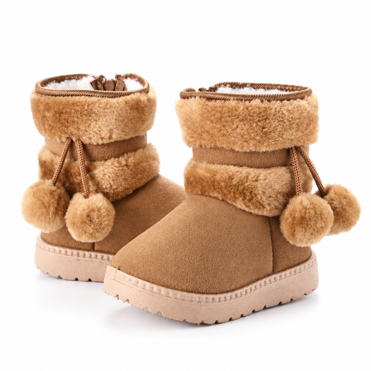 Khaki girls' snow boots pair, warm fleece-lined winter boots with non-slip rubber sole and side zip, studio shot