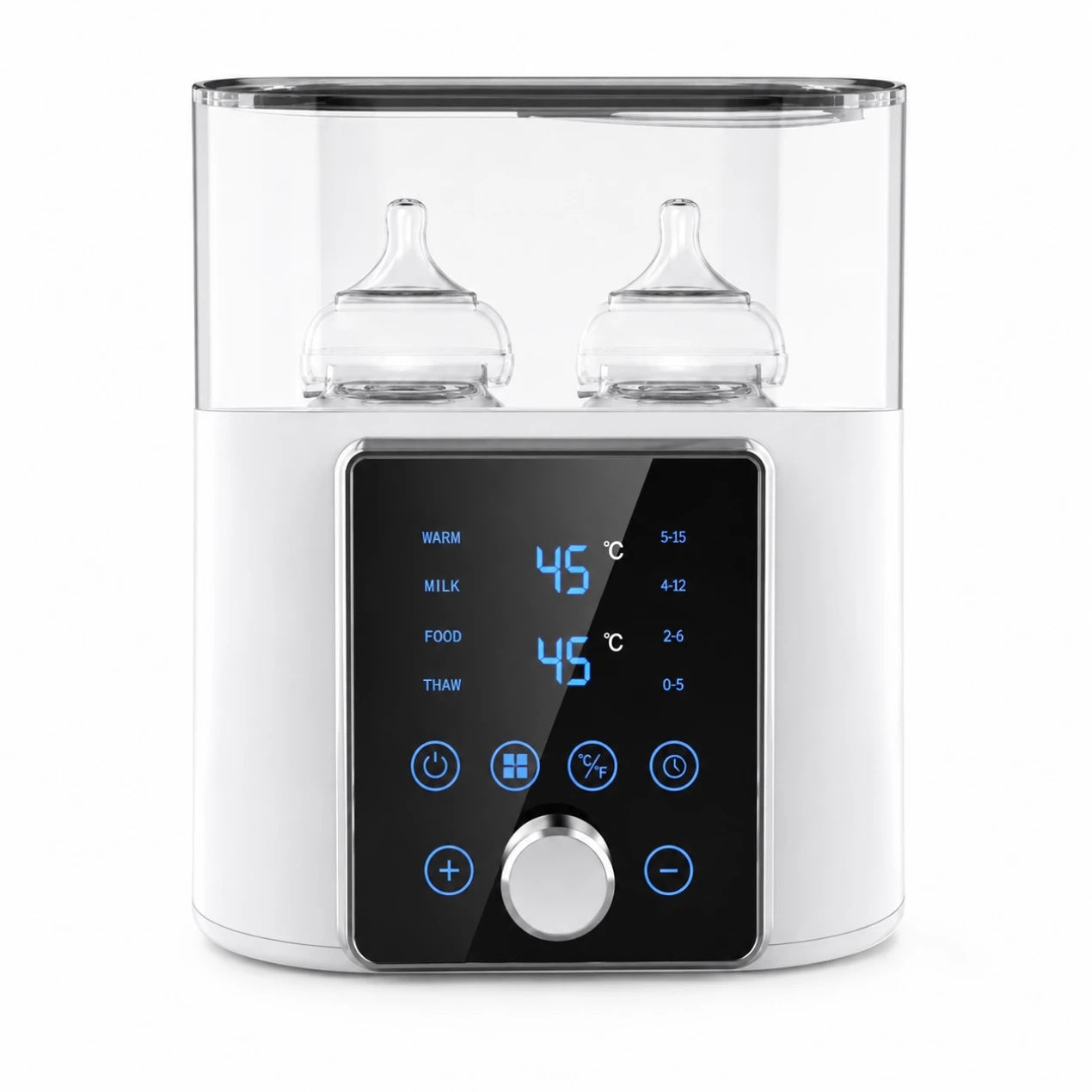 8-in-1 baby bottle warmer and sterilizer — front view with dual bottles