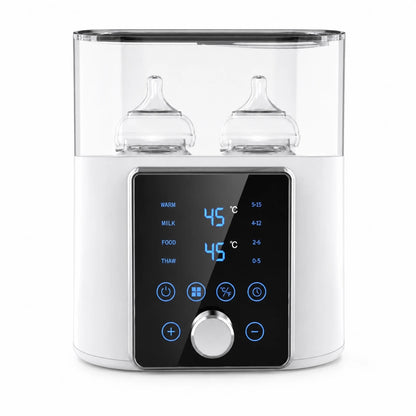 8-in-1 baby bottle warmer and sterilizer — front view with dual bottles