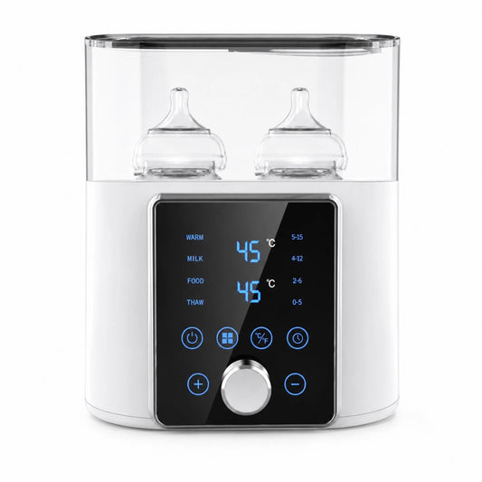 8-in-1 baby bottle warmer and sterilizer — front view with dual bottles