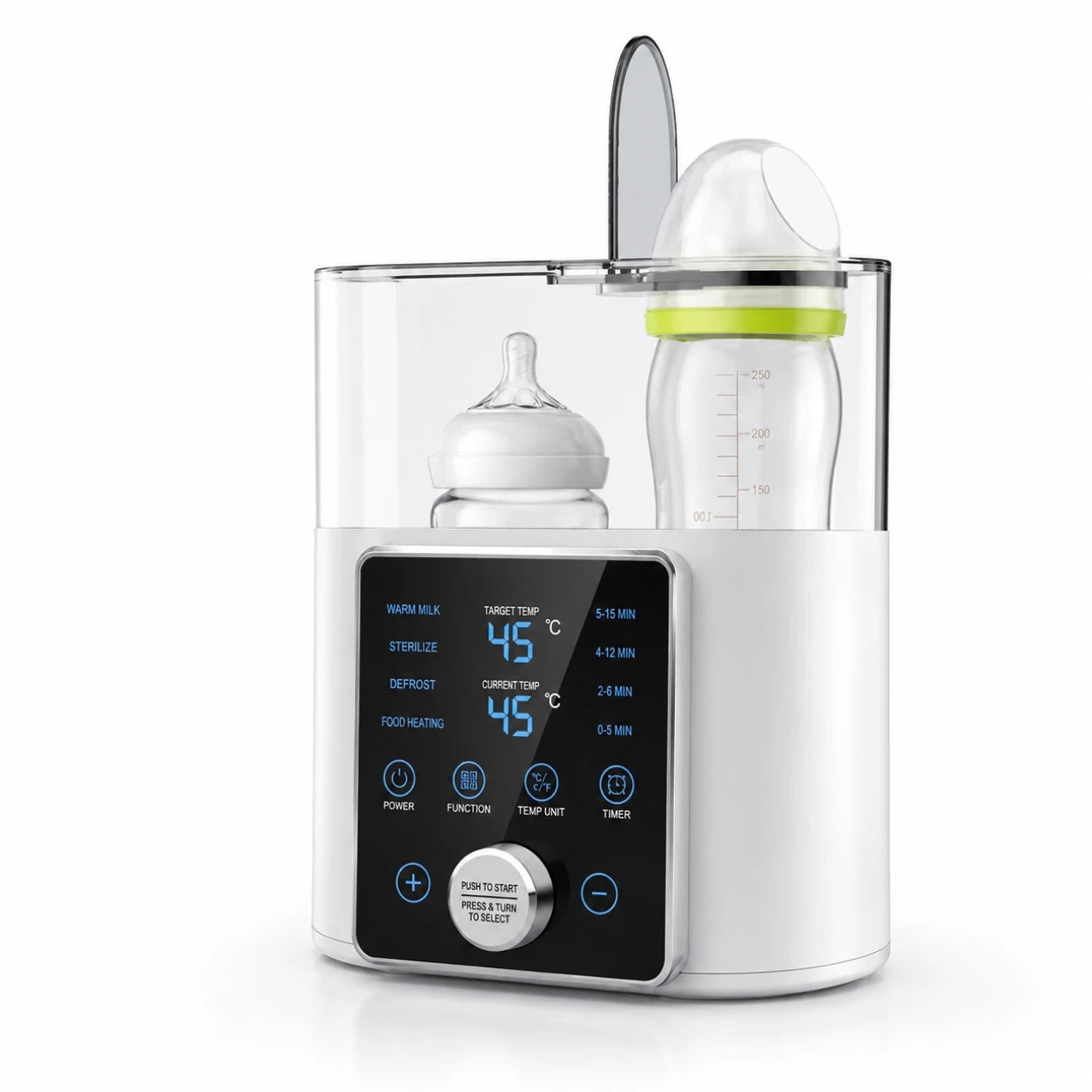 Baby bottle warmer angle view with two different bottles