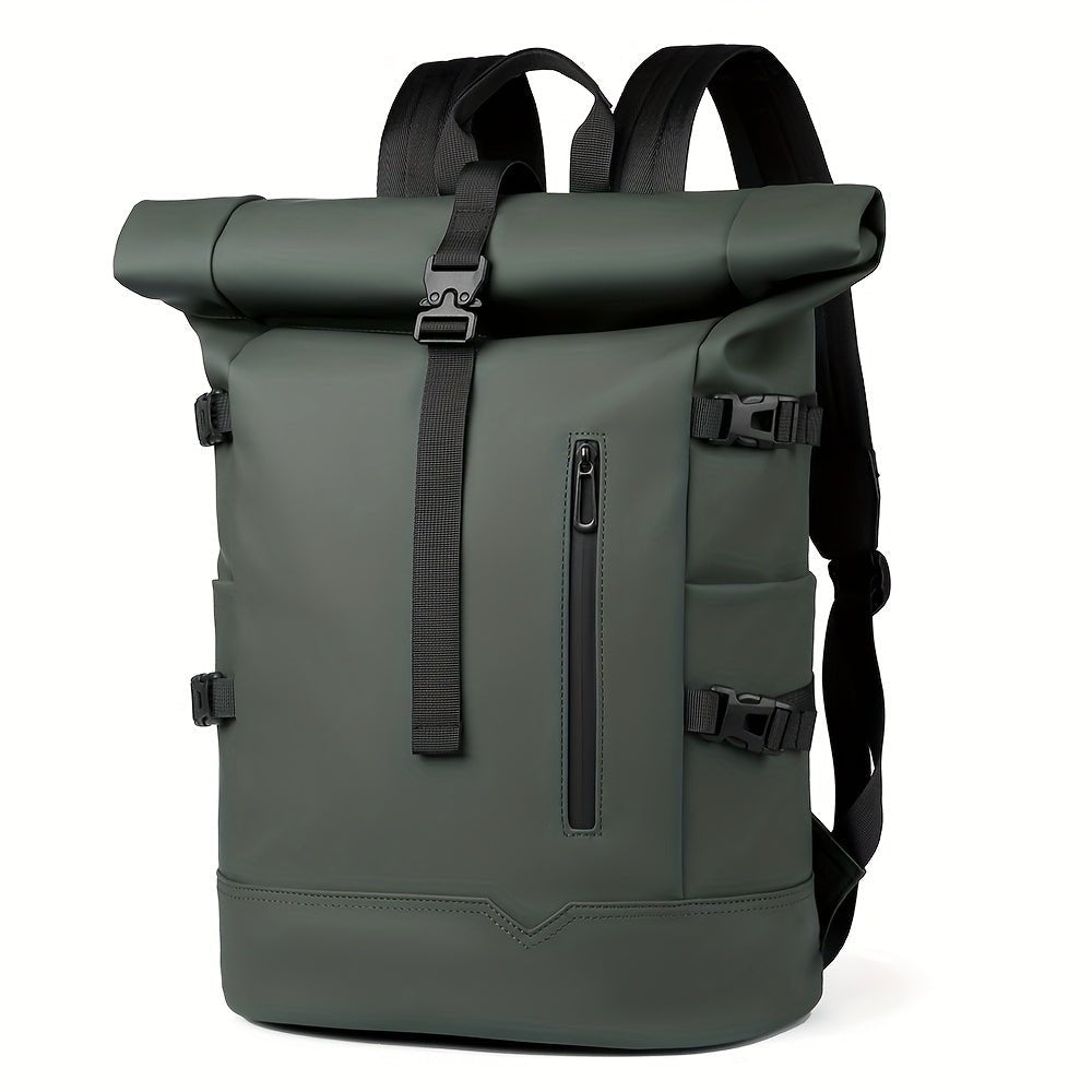 Men's roll-top waterproof backpack in green - front view