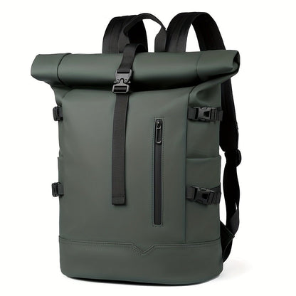 Men's roll-top waterproof backpack in green - front view