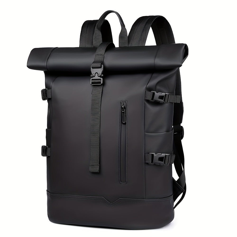Men's roll-top waterproof backpack in black - front view