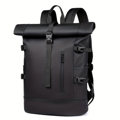 Men's roll-top waterproof backpack in black - front view