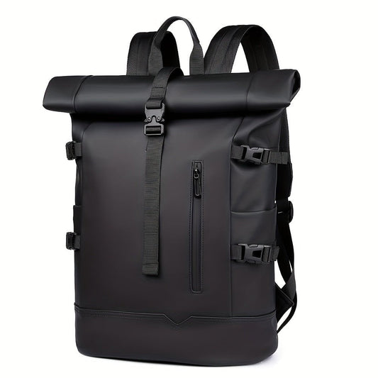 Men's roll-top waterproof backpack in black - front view