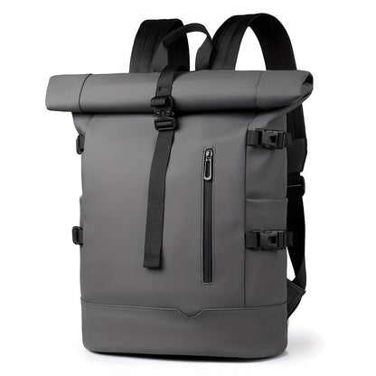 Men's roll-top waterproof backpack in grey - front view