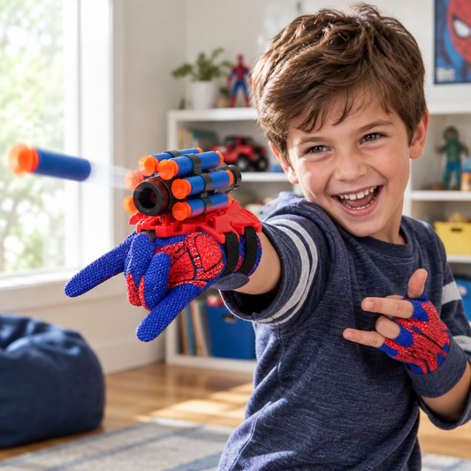 Happy child playing with the web launcher cosplay glove toy