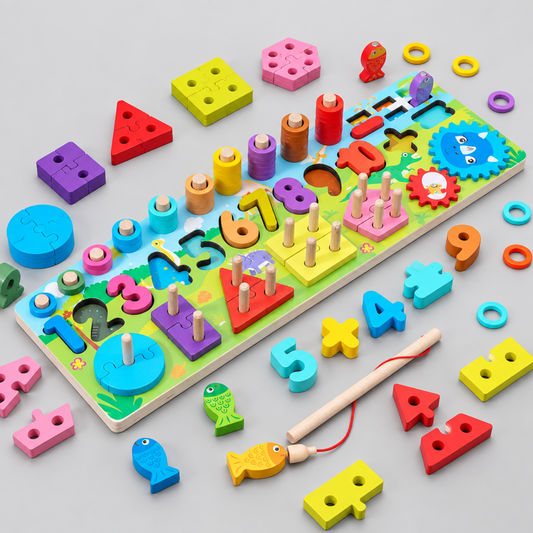 Wooden Montessori number puzzle busy board with fishing rod, matching wooden pieces and blue gear spinner