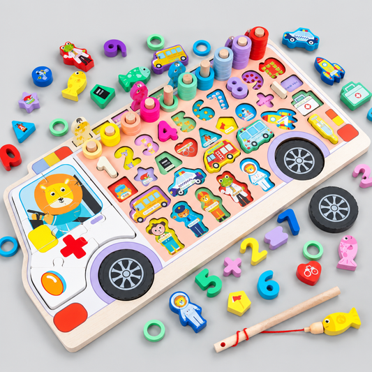 Wooden ambulance-shaped busy board with lion driver, matching character and vehicle puzzle pieces