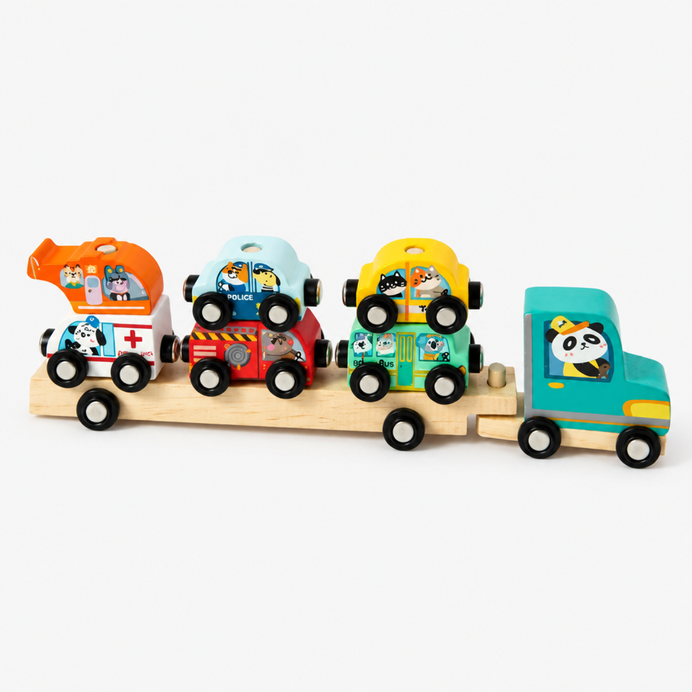 Wooden Car Transporter Truck with 7 Vehicles