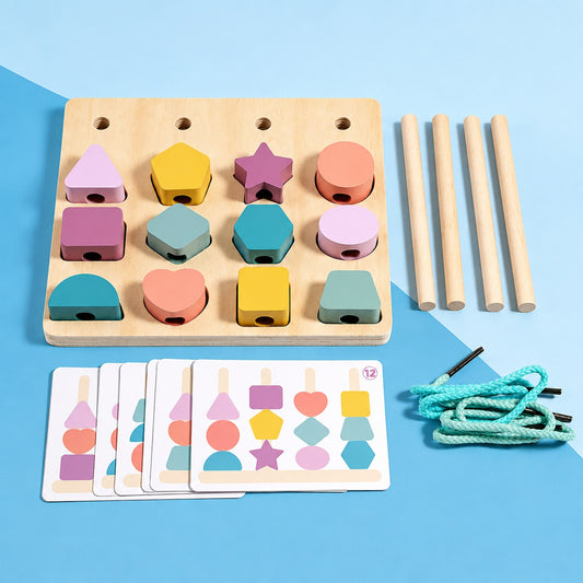 Close-up of wooden puzzle board with geometric shape cutouts