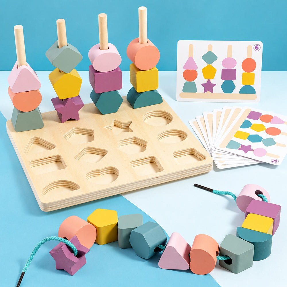 Wooden Shape & Colour Matching Puzzle with Lacing Beads