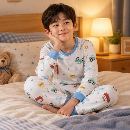 Boy wearing Vehicles print kids pyjama set, sitting on bed at bedtime