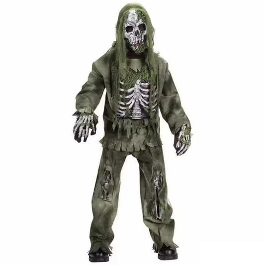 Zombie skeleton Halloween costume worn, front view with mask and gloves