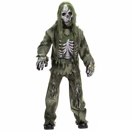 Zombie skeleton Halloween costume worn, alternate front view